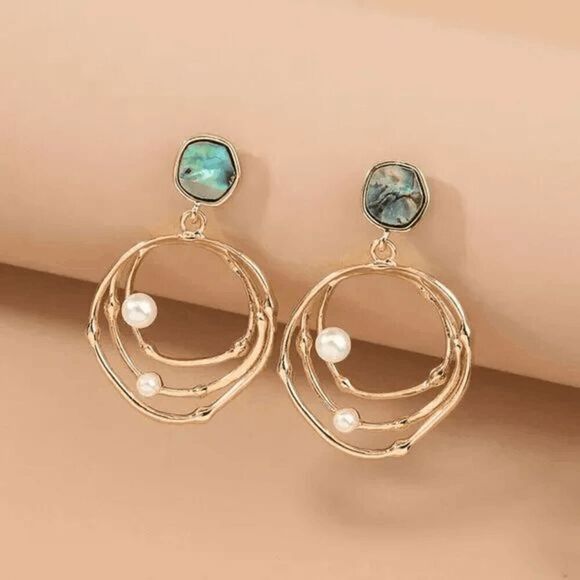 2/$21 Round Faux Abalone Pearl Dangle Earrings - Picture 3 of 7